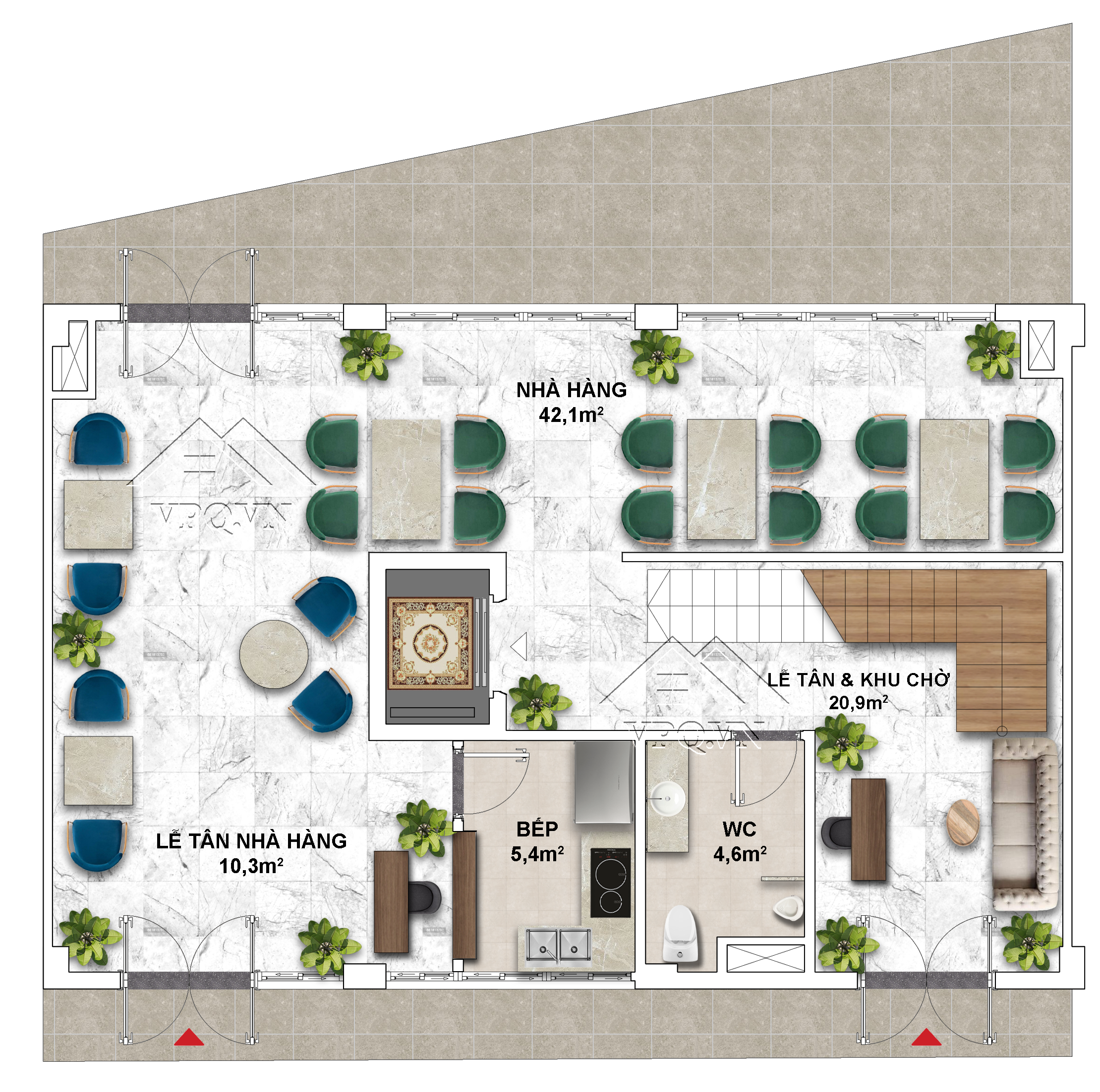 Thiết kế Shophouse The Center Ph&uacute; Quốc 12x8 - Tầng 1